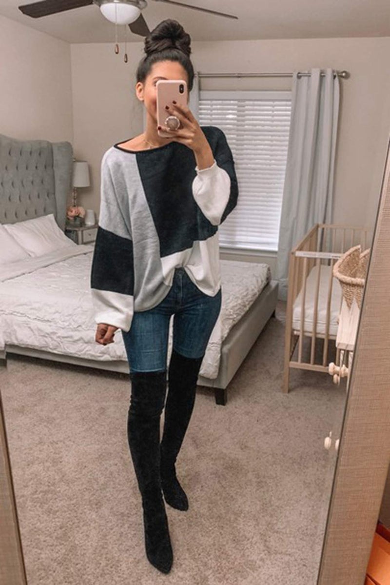ECOWISH Women Sweater Long Sleeve Color Block Knit Pullover Sweaters Crew Neck Patchwork Casual Loose Jumper Tops Black X-Large - Image 3